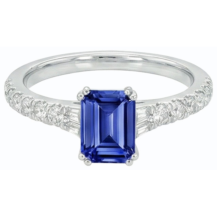 Bague Baguette Saphir Bleu Pierres Précieuses & Accents Ronds 3.50 Carats