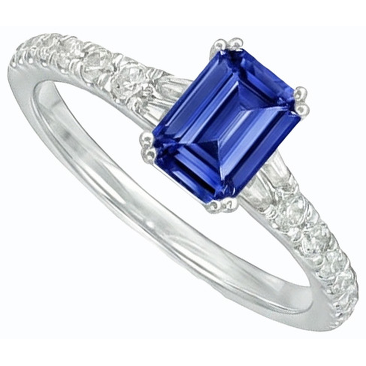 Bague Baguette Saphir Bleu Pierres Précieuses & Accents Ronds 3.50 Carats