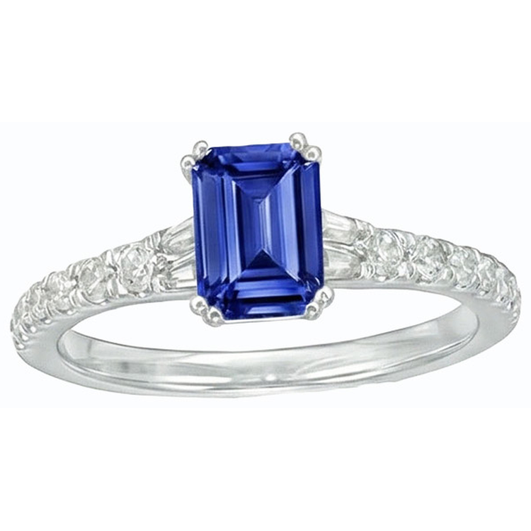 Bague Baguette Saphir Bleu Pierres Précieuses & Accents Ronds 3.50 Carats