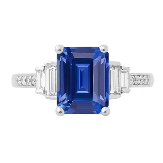 Bague Baguette & Diamant Rond Saphir Bleu Émeraude 3.50 Carats