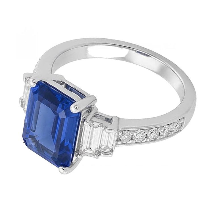 Bague Baguette & Diamant Rond Saphir Bleu Émeraude 3.50 Carats