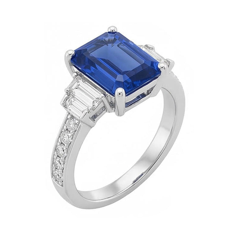 Bague Baguette & Diamant Rond Saphir Bleu Émeraude 3.50 Carats