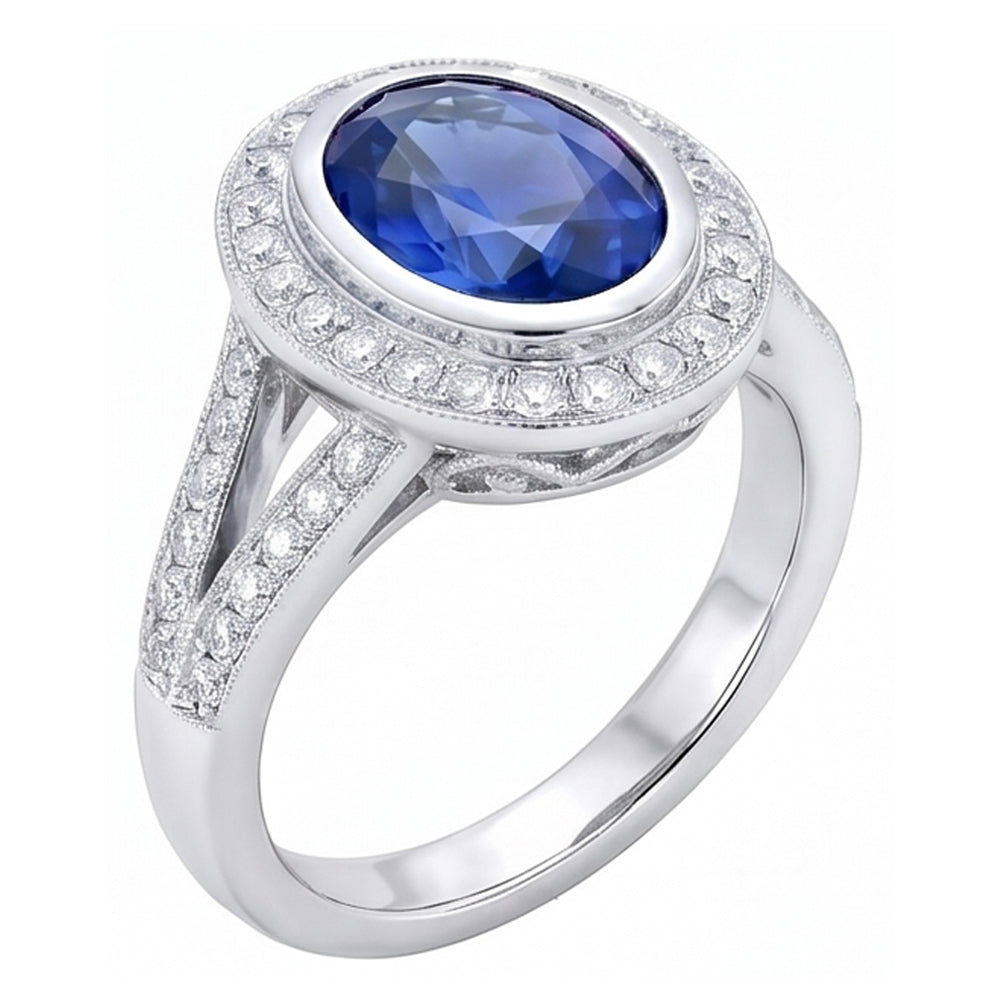 Bague Big Ceylan Saphir Avec Diamants Naturels Extraits des Mines ( et non cultivés en laboratoire ) 4.75 Ct Or Blanc 14K