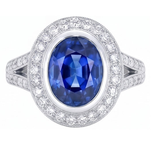Bague Big Ceylan Saphir Avec Diamants Naturels Extraits des Mines ( et non cultivés en laboratoire ) 4.75 Ct Or Blanc 14K