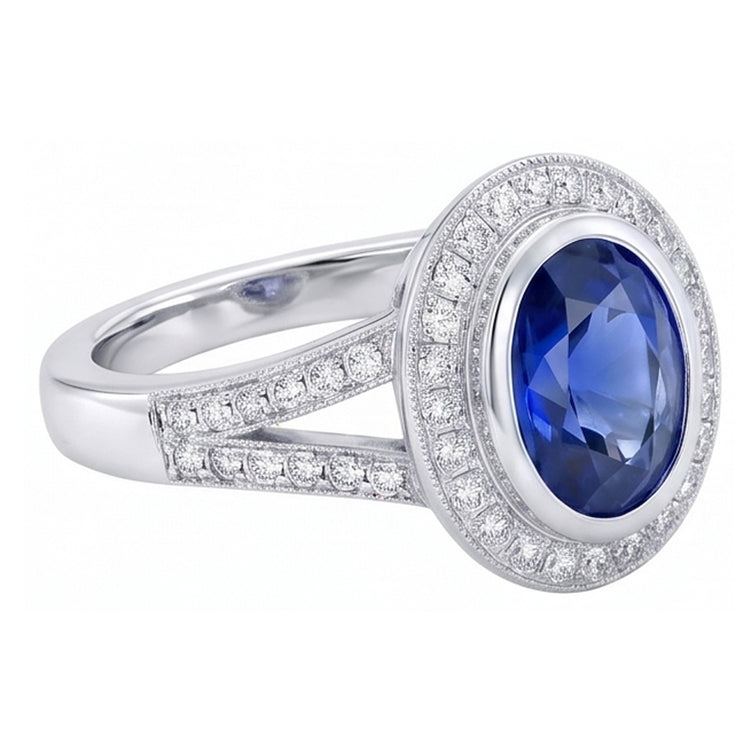 Bague Big Ceylan Saphir Avec Diamants Naturels Extraits des Mines ( et non cultivés en laboratoire ) 4.75 Ct Or Blanc 14K