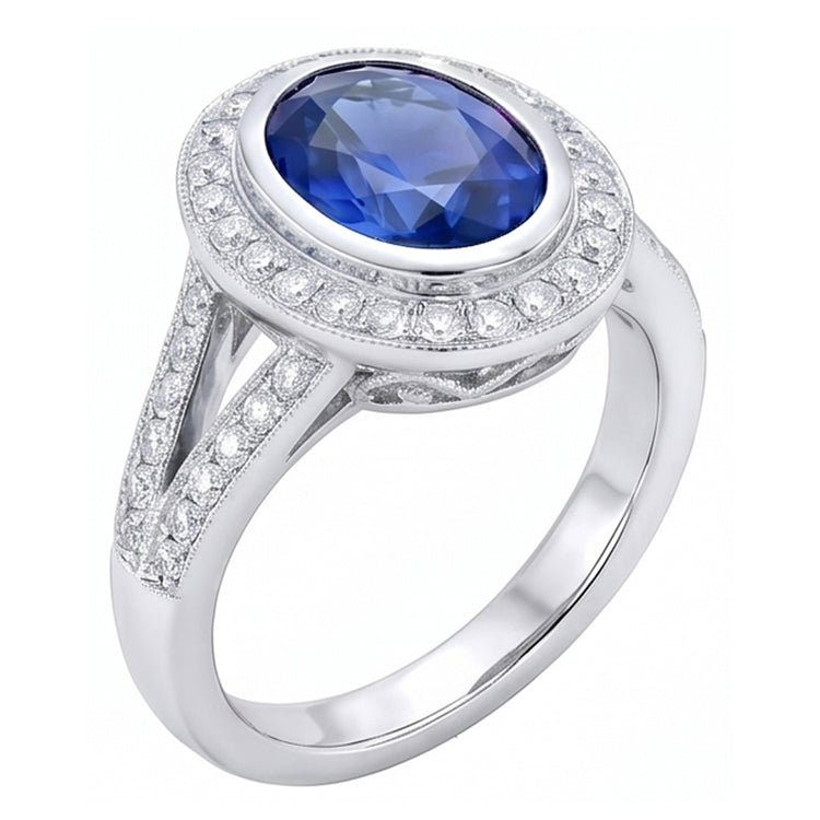 Bague Big Ceylan Saphir Avec Diamants Naturels Extraits des Mines ( et non cultivés en laboratoire ) 4.75 Ct Or Blanc 14K