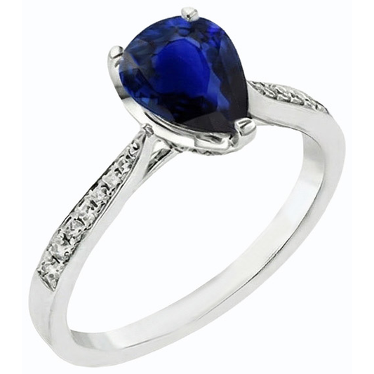 Bague Bijoux Pierres Précieuses Poire Saphir Bleu Foncé & Diamants 2.50 Carats