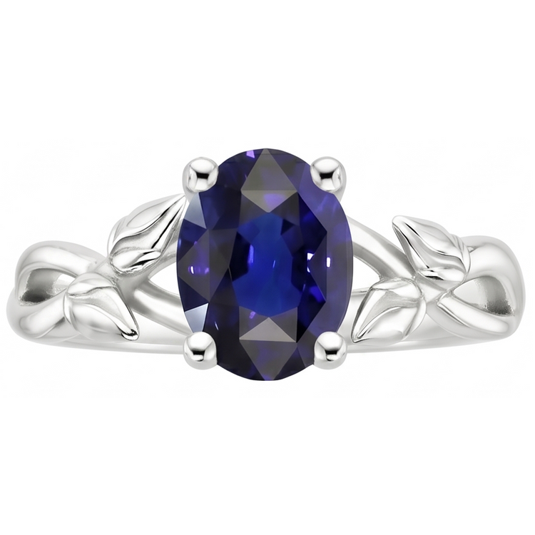 Bague Bijoux Pierres Précieuses Solitaire Style Feuille Saphir Ceylan 2 Carats