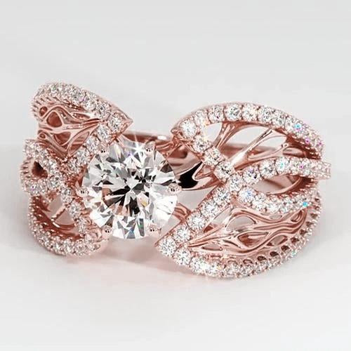 Bague Bijoux Réel Diamant 3 Carats Or Rose 14K Filigrane