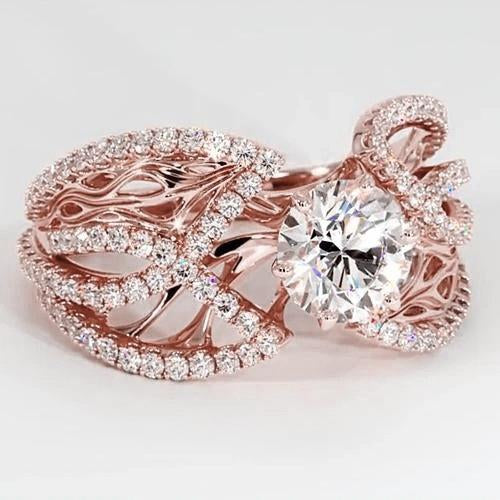 Bague Bijoux Réel Diamant 3 Carats Or Rose 14K Filigrane