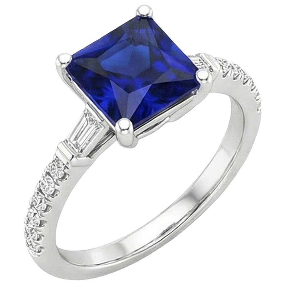 Bague Ceylan Saphir Accents de Diamants Naturels Extraits des Mines ( et non cultivés en laboratoire ) Solitaire Taille Princesse 5.50 Carat