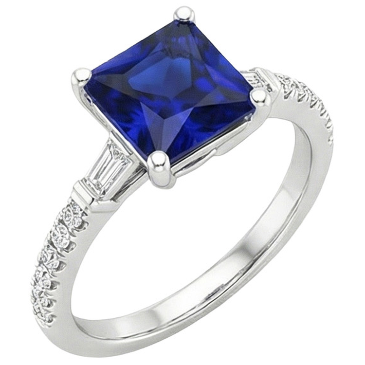 Bague Ceylan Saphir Accents de Diamants Naturels Extraits des Mines ( et non cultivés en laboratoire ) Solitaire Taille Princesse 5.50 Carat