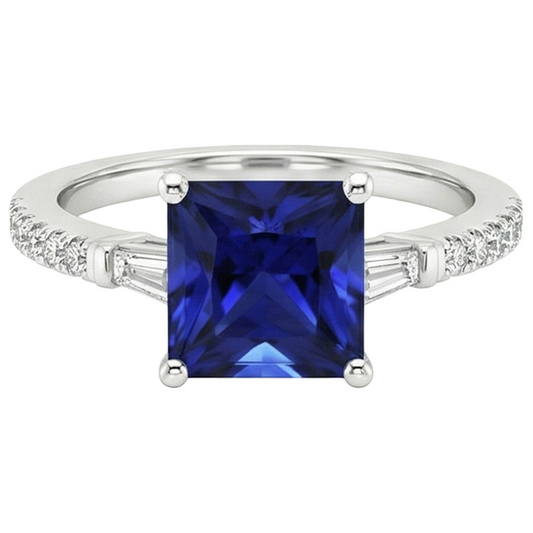 Bague Ceylan Saphir Accents de Diamants Naturels Extraits des Mines ( et non cultivés en laboratoire ) Solitaire Taille Princesse 5.50 Carat