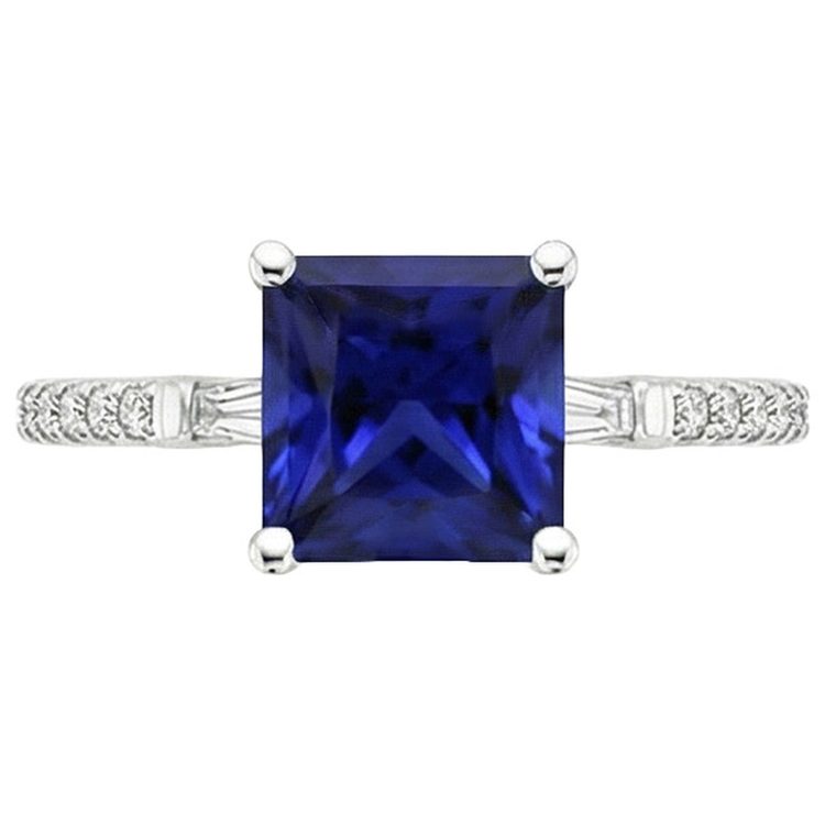 Bague Ceylan Saphir Accents de Diamants Naturels Extraits des Mines ( et non cultivés en laboratoire ) Solitaire Taille Princesse 5.50 Carat