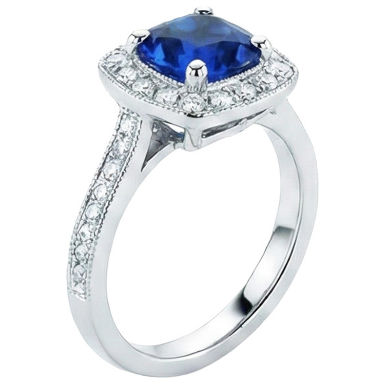 Bague Ceylan Saphir Bleu Halo Diamants Naturels Extraits des Mines ( et non cultivés en laboratoire ) Or Blanc 4 Ct 14K