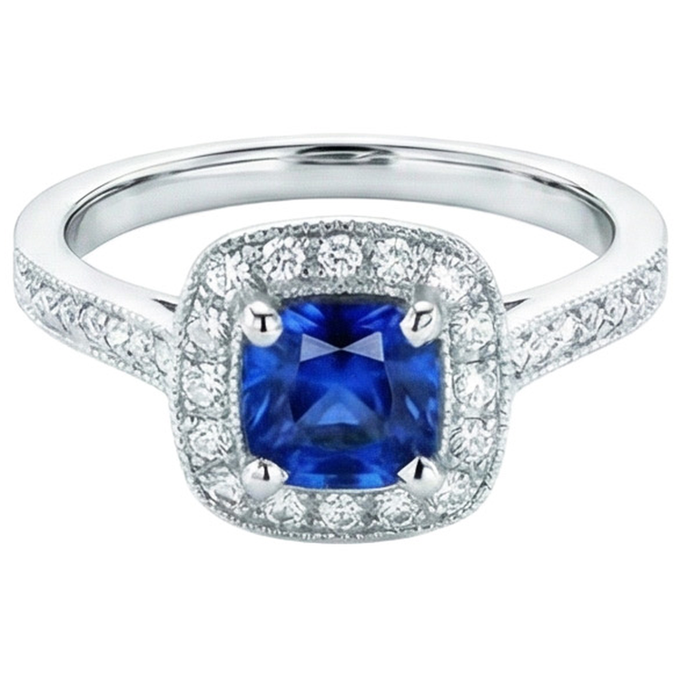 Bague Ceylan Saphir Bleu Halo Diamants Naturels Extraits des Mines ( et non cultivés en laboratoire ) Or Blanc 4 Ct 14K