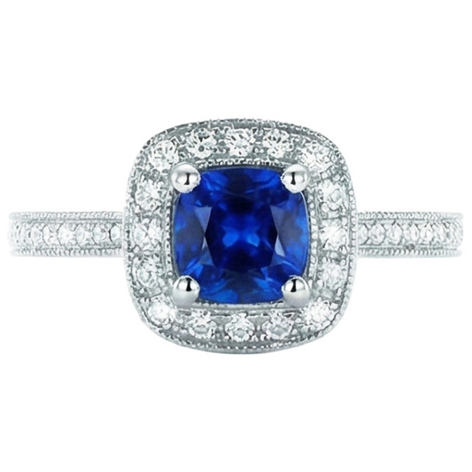 Bague Ceylan Saphir Bleu Halo Diamants Naturels Extraits des Mines ( et non cultivés en laboratoire ) Or Blanc 4 Ct 14K