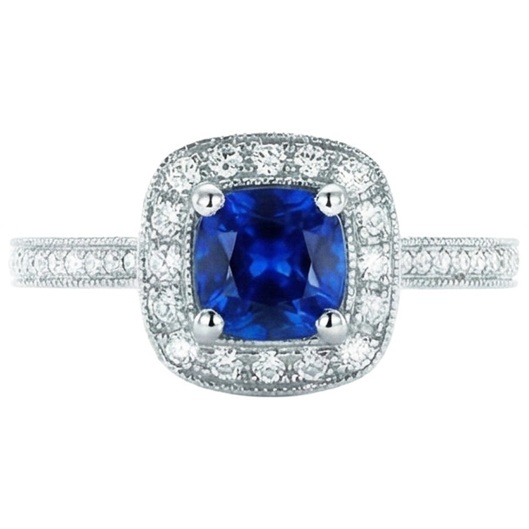 Bague Ceylan Saphir Bleu Halo Diamants Naturels Extraits des Mines ( et non cultivés en laboratoire ) Or Blanc 4 Ct 14K