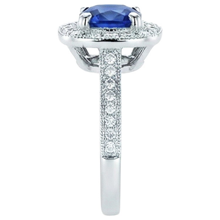 Bague Ceylan Saphir Bleu Halo Diamants Naturels Extraits des Mines ( et non cultivés en laboratoire ) Or Blanc 4 Ct 14K