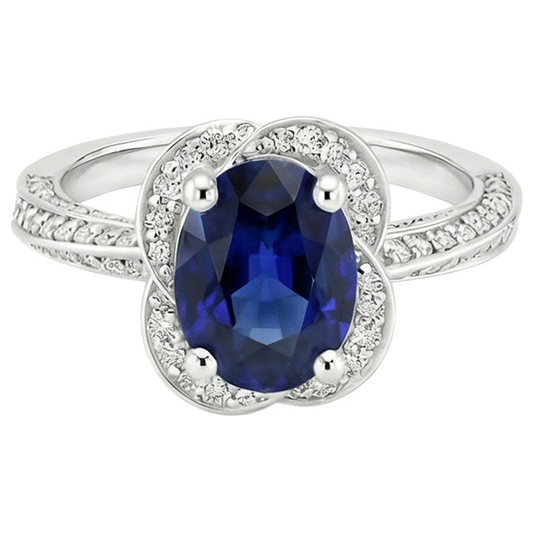 Bague Ceylan Saphir Halo Or Blanc & Diamants Ronds 6 Carats