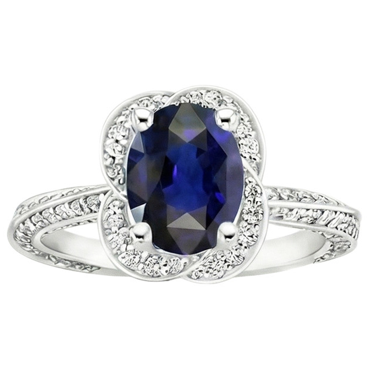 Bague Ceylan Saphir Halo Or Blanc & Diamants Ronds 6 Carats