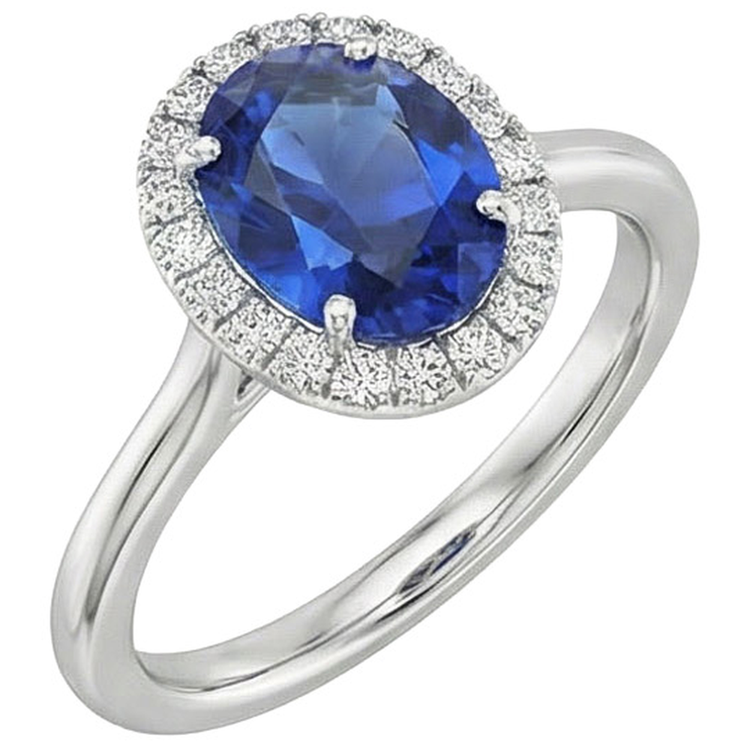 Bague Ceylan Saphir Ovale Avec Diamants Naturels Extraits des Mines ( et non cultivés en laboratoire ) Or Blanc 3 Ct 14K