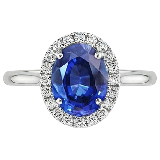 Bague Ceylan Saphir Ovale Avec Diamants Naturels Extraits des Mines ( et non cultivés en laboratoire ) Or Blanc 3 Ct 14K