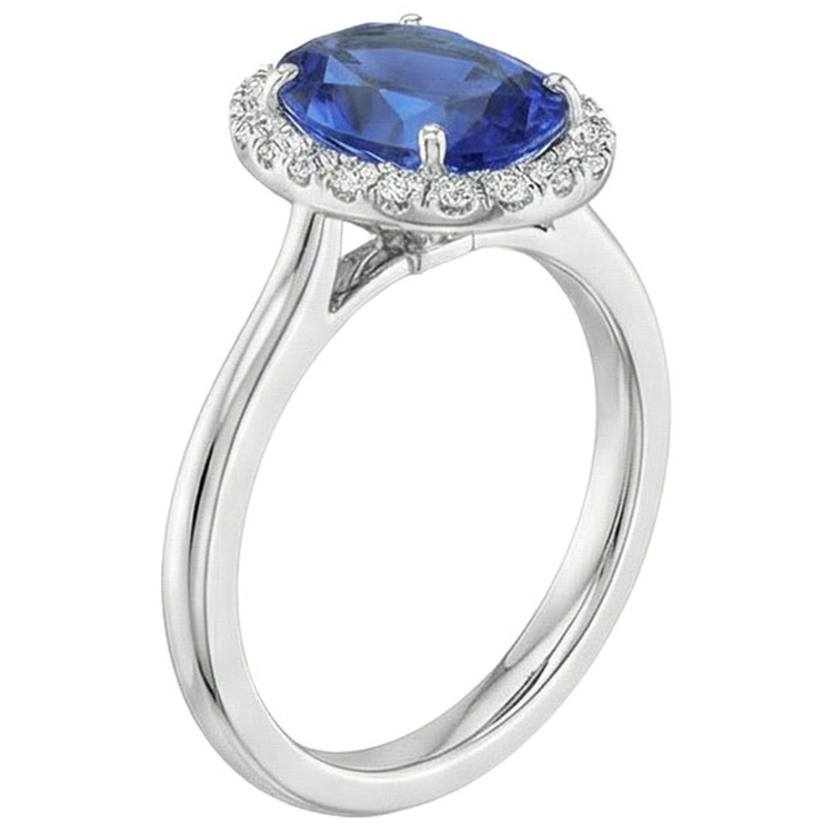 Bague Ceylan Saphir Ovale Avec Diamants Naturels Extraits des Mines ( et non cultivés en laboratoire ) Or Blanc 3 Ct 14K