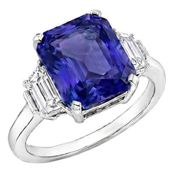 Bague Ceylan Saphir Pierres Précieuses Diamants Trapèze Or 4 Carats 3 Pierres