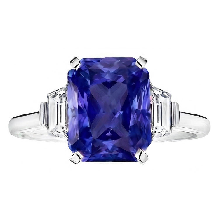 Bague Ceylan Saphir Pierres Précieuses Diamants Trapèze Or 4 Carats 3 Pierres