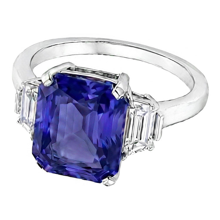 Bague Ceylan Saphir Pierres Précieuses Diamants Trapèze Or 4 Carats 3 Pierres