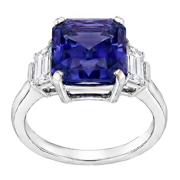 Bague Ceylan Saphir Pierres Précieuses Diamants Trapèze Or 4 Carats 3 Pierres
