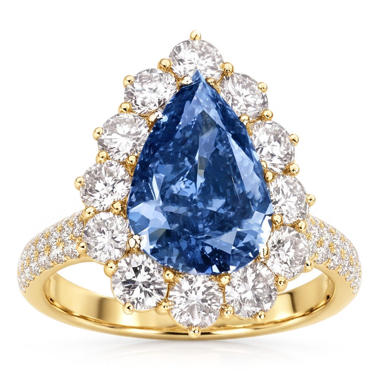 Bague Cocktail Or Jaune Diamant Naturels Extraits des Mines ( et non cultivés en laboratoire ) Bleu