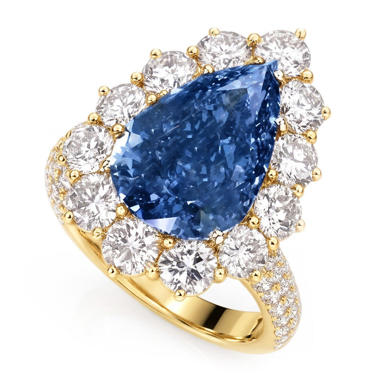 Bague Cocktail Or Jaune Diamant Naturels Extraits des Mines ( et non cultivés en laboratoire ) Bleu