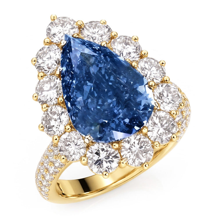 Bague Cocktail Or Jaune Diamant Naturels Extraits des Mines ( et non cultivés en laboratoire ) Bleu