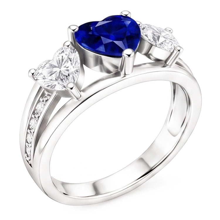 Bague Coeur Diamant 3 Pierres Saphir Bleu Avec Accents 3.50 Carats