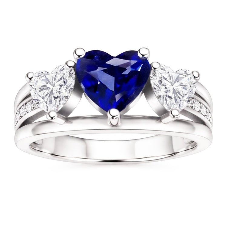 Bague Coeur Diamant 3 Pierres Saphir Bleu Avec Accents 3.50 Carats