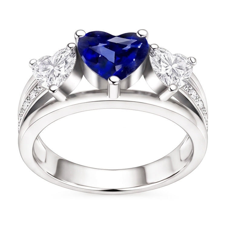 Bague Coeur Diamant 3 Pierres Saphir Bleu Avec Accents 3.50 Carats