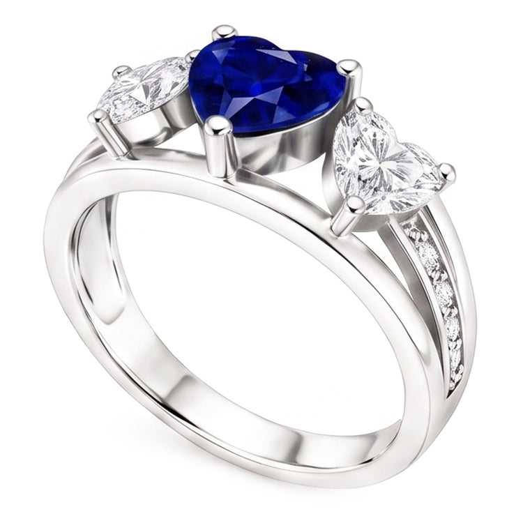 Bague Coeur Diamant 3 Pierres Saphir Bleu Avec Accents 3.50 Carats