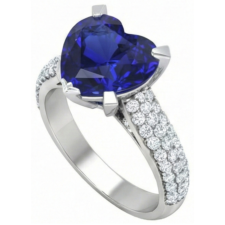 Bague Coeur Diamant Saphir Bleu 5 Carats Bijoux Or Blanc