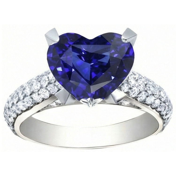 Bague Coeur Diamant Saphir Bleu 5 Carats Bijoux Or Blanc