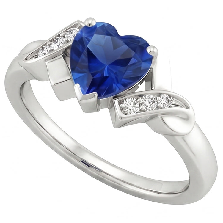 Bague Coeur Diamant Saphir Bleu Style Ruban 2 Carats Bijoux Dames