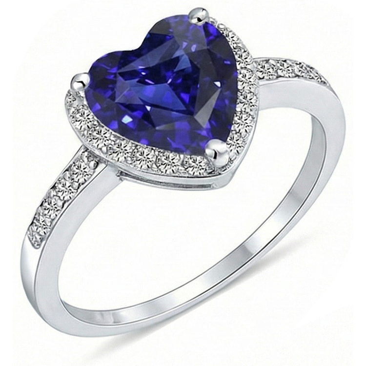 Bague Coeur Halo Saphir Bleu Sertie De Diamants 4 Carats Or Blanc
