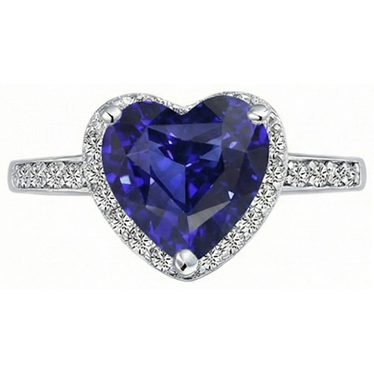 Bague Coeur Halo Saphir Bleu Sertie De Diamants 4 Carats Or Blanc