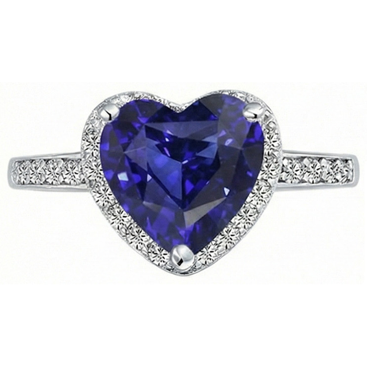 Bague Coeur Halo Saphir Bleu Sertie De Diamants 4 Carats Or Blanc