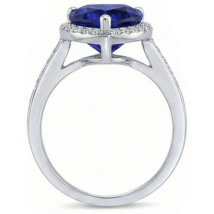 Bague Saphir Naturel Bleu 2ct Forme Coeur, Diamants, Or Blanc 14K - Taille 7, Neuve