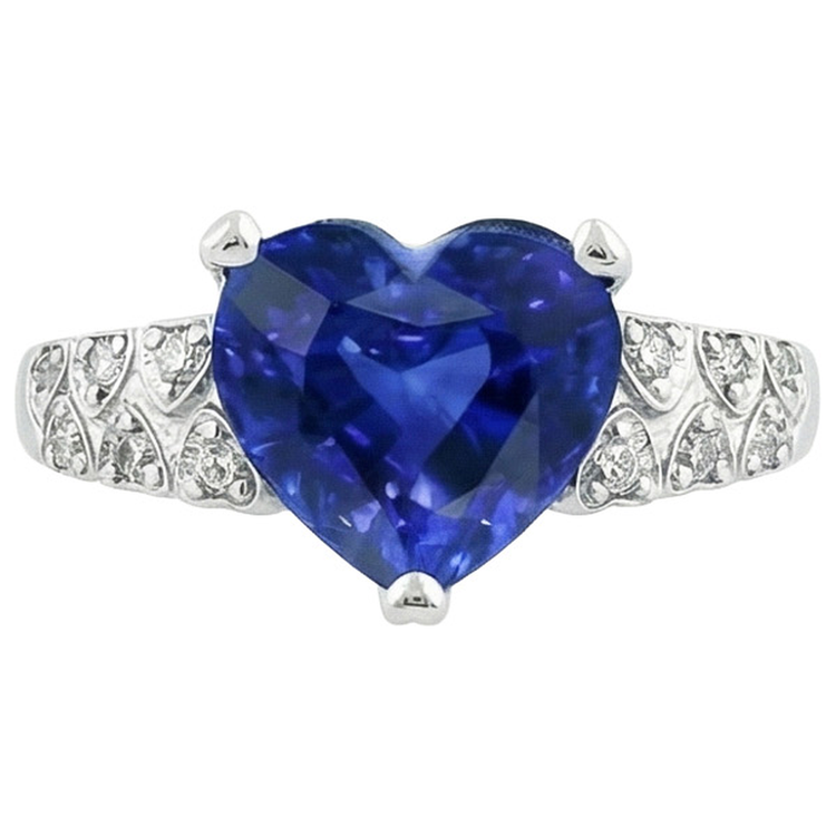 Bague Coeur Saphir Bleu Ceylan Avec Diamants Naturels Extraits des Mines ( et non cultivés en laboratoire ) Or 7 Carats 14K