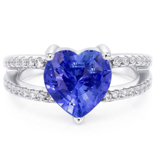Bague Coeur Saphir Bleu Clair Pierres Précieuses Double Tige Diamants 4 Carats