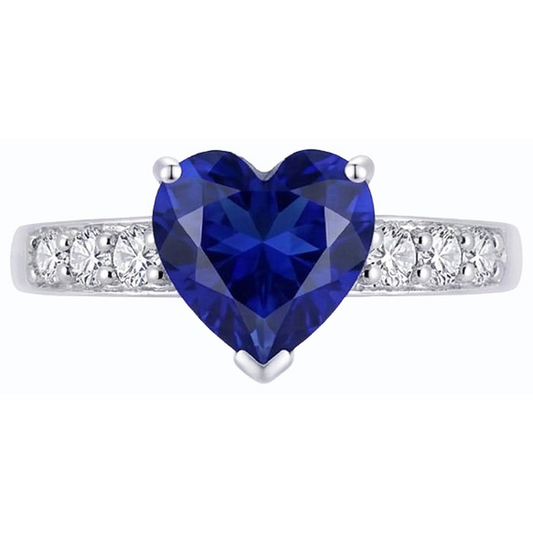 Bague Coeur Saphir Bleu Pierres Précieuses Diamants Accentués 2.25 Carats