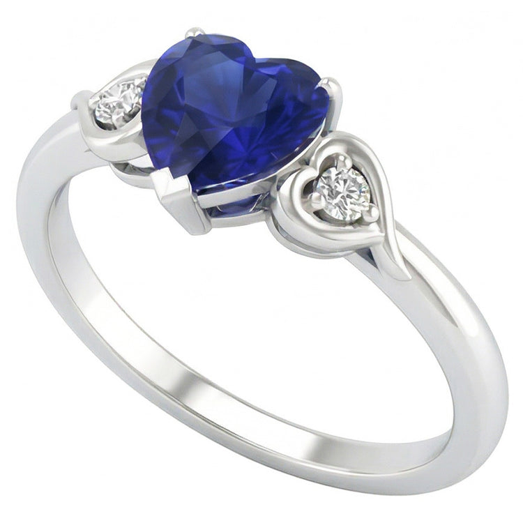 Bague Coeur Trois Pierres Diamant & Saphir Bleu Foncé 1.75 Carats